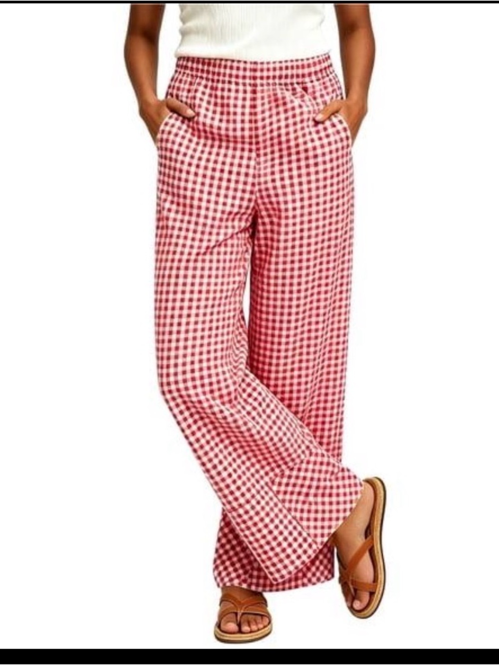 Lomon Red White Gingham Check Pants Elastic Waist - size large